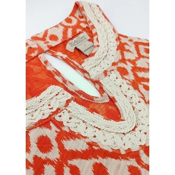 Lucky Brand Womens Top Medium Orange Ikat Print Halter Crochet Trim Boho Summer - Picture 3 of 9